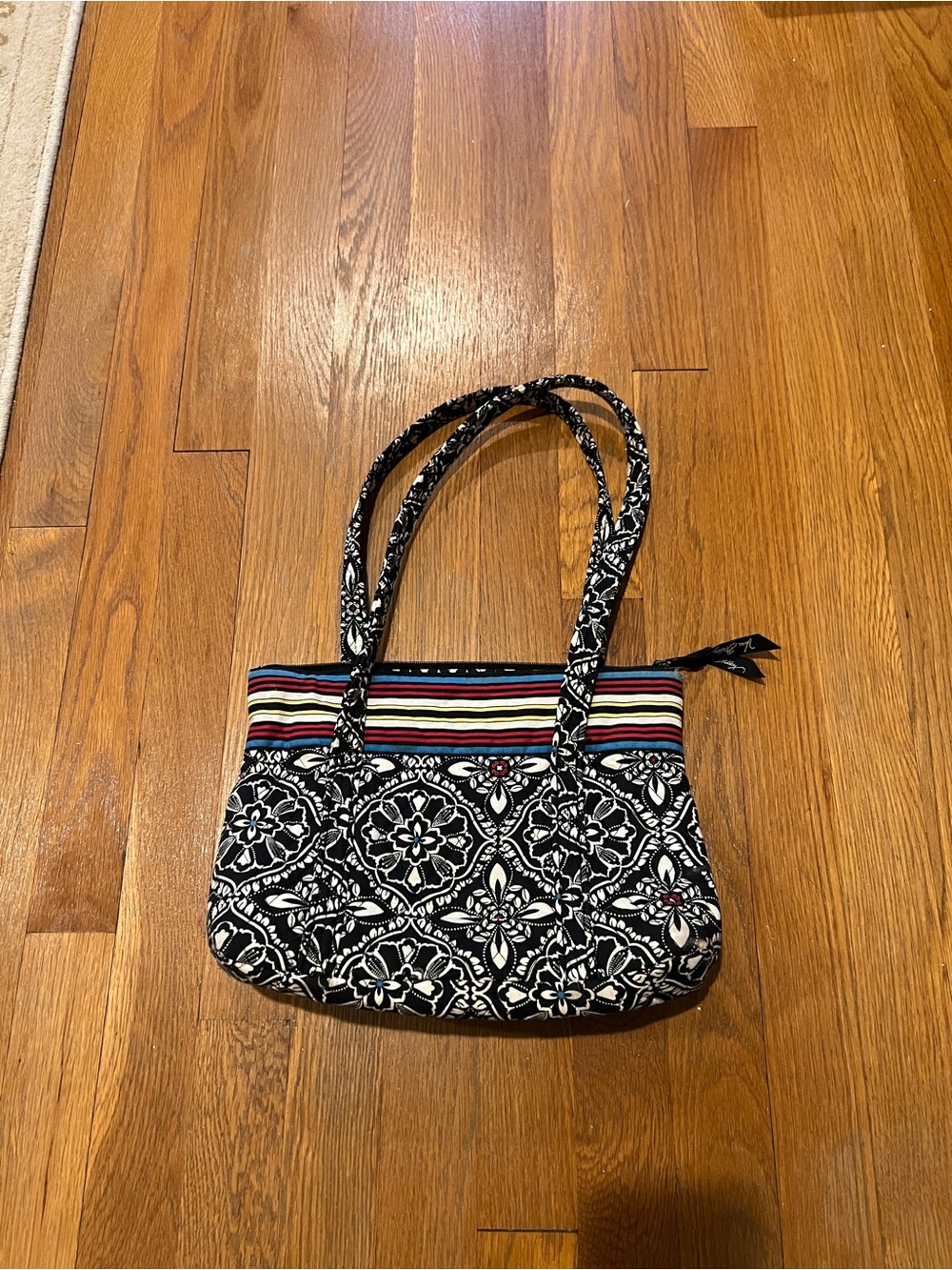Black & White Patterned Tote Bag with Striped Trim